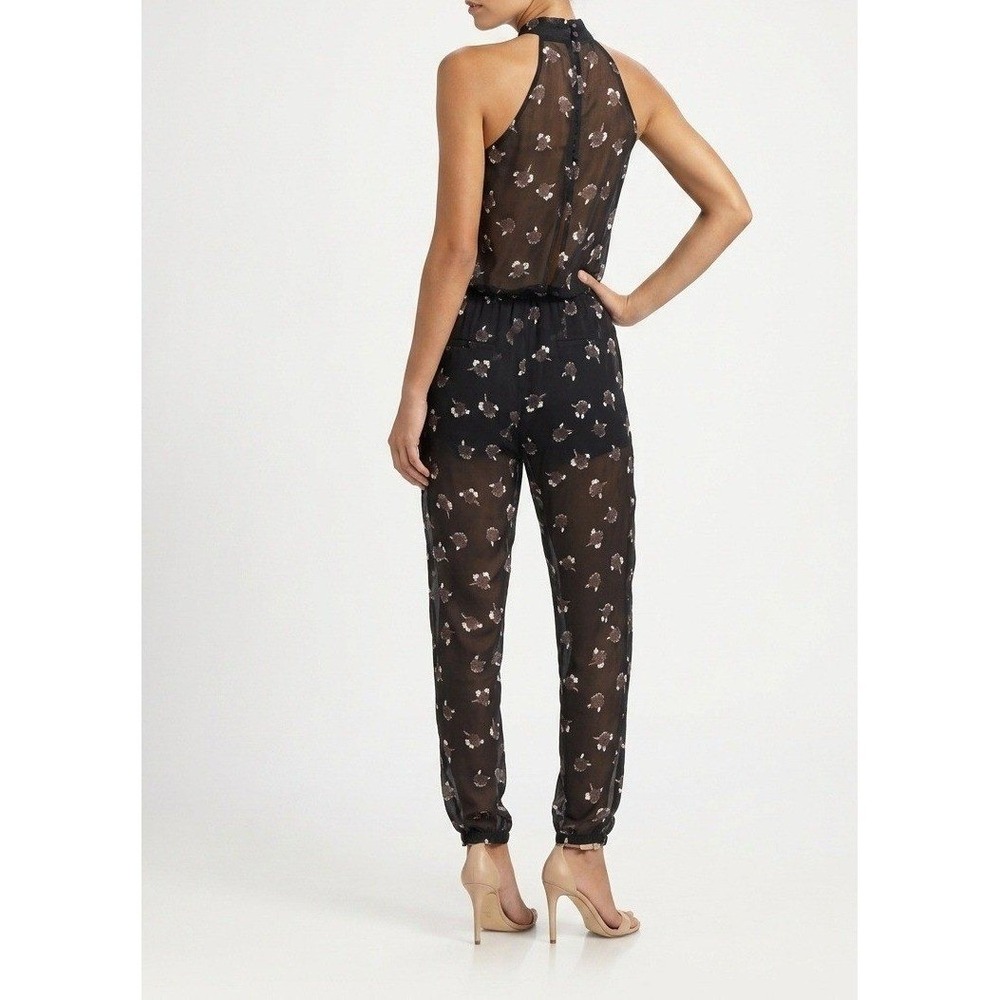 Rebecca Minkoff Hayley Jumpsuit Black Floral Halter Neck Sheer Back Size 00 NEW - Picture 2 of 10